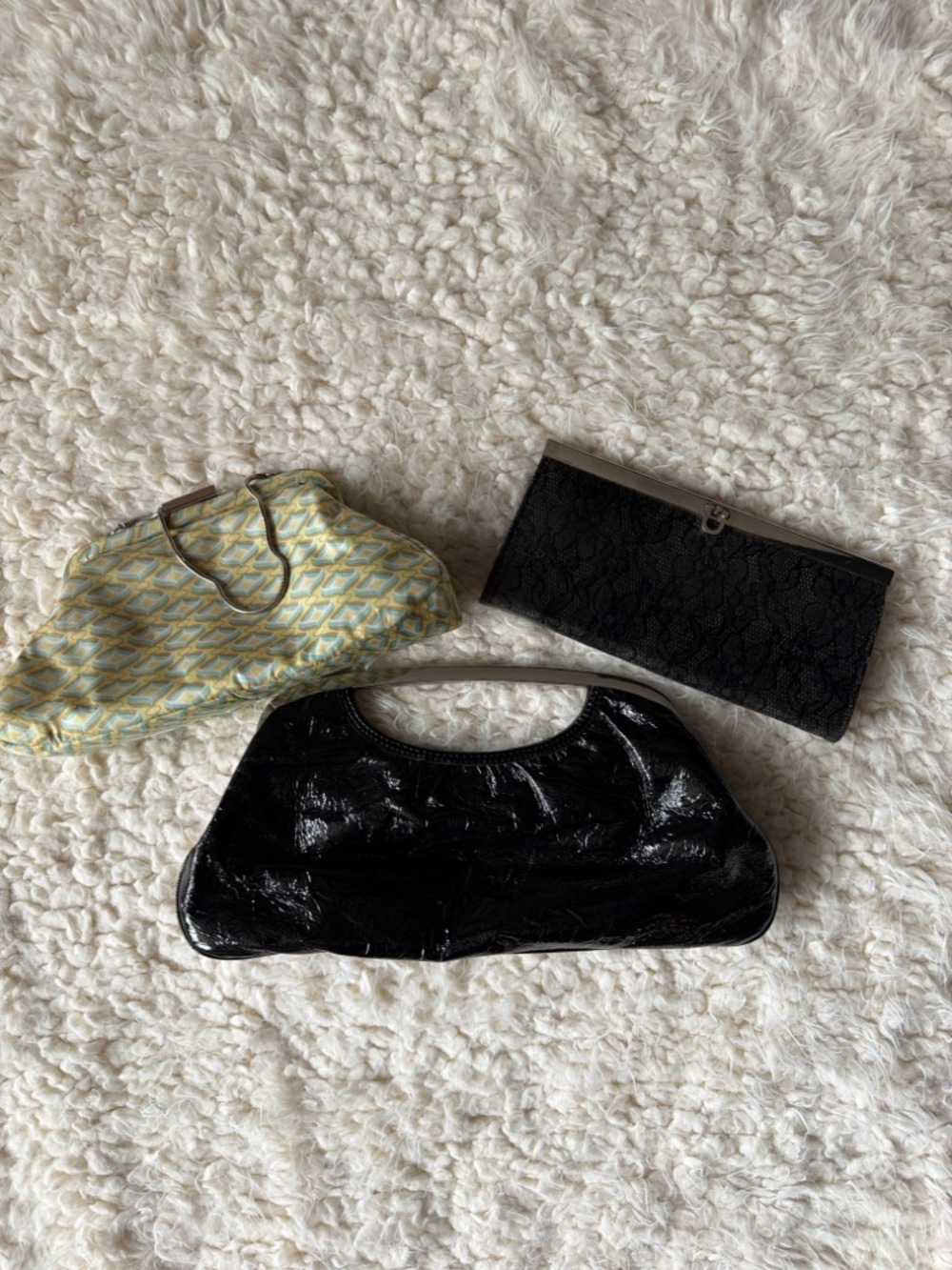 Vintage Clutch Bundle Lot 3 Black Patent +
Lace + Echo Silk Bag Y2K Evening Bags